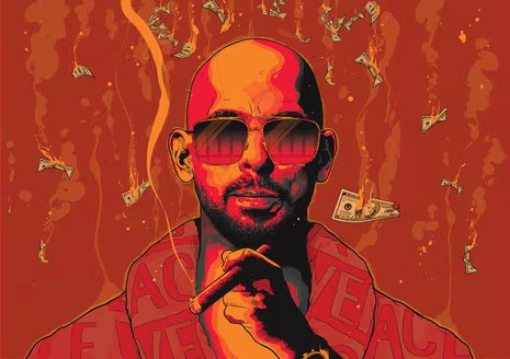 An artistic depiction of a Andrew Tate holding a cigar, surrounded by floating dollar bills and a fiery red background, symbolizing wealth and luxury.